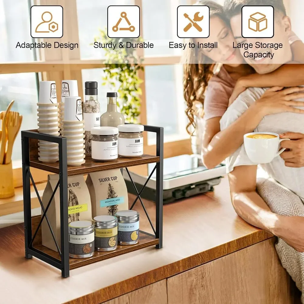 2 Tier Kitchen Organizer Rack Storage Shelf Countertop Coffee Bar Wood Metal